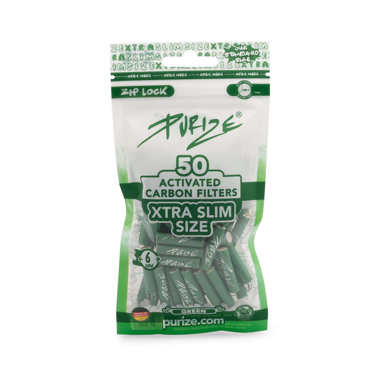 Purize - Xtra Slim Size 6mm Aktivkohlefilter - Grün, 50 Stück