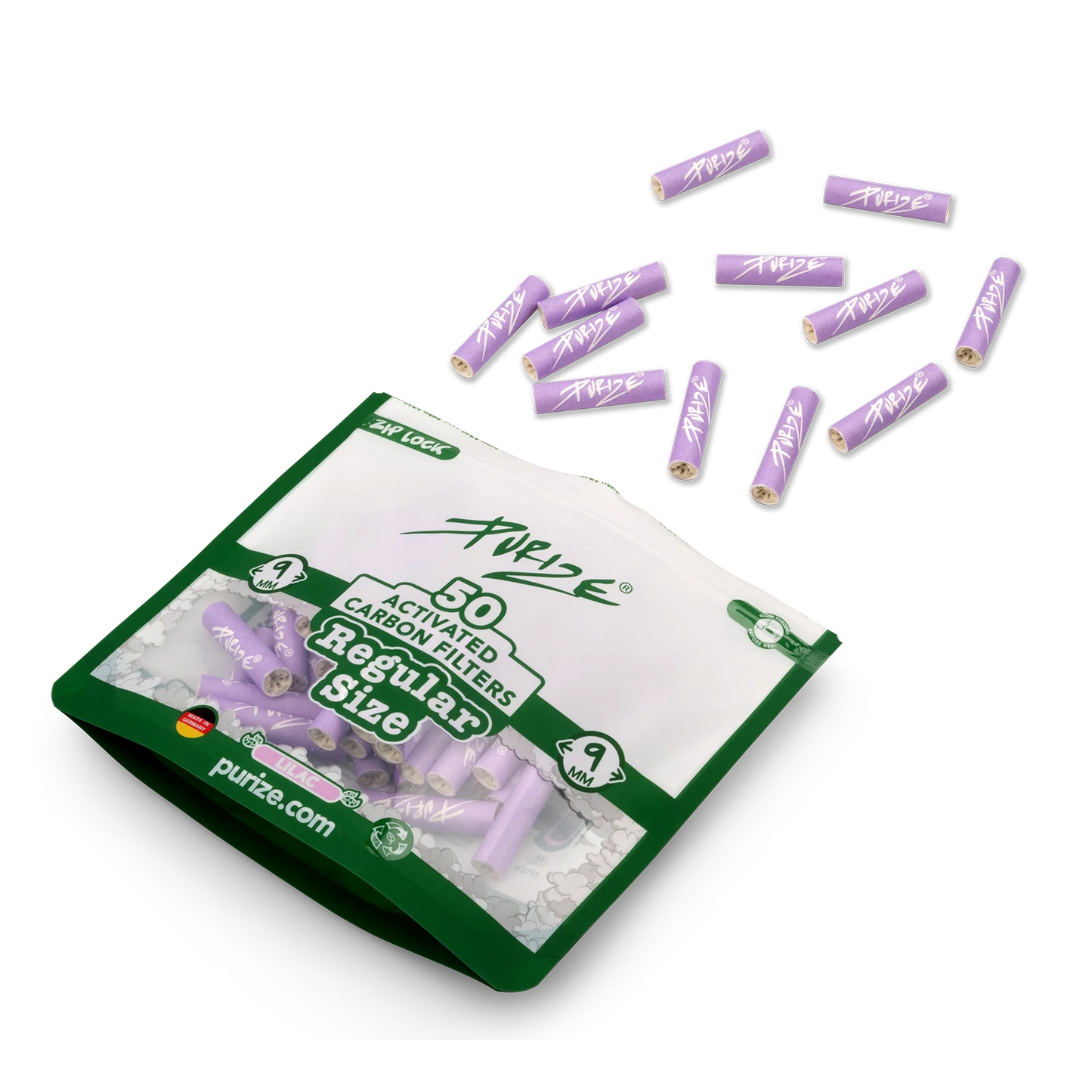 Purize - Regular Size 9mm Aktivkohlefilter - Lila, 50 Stück