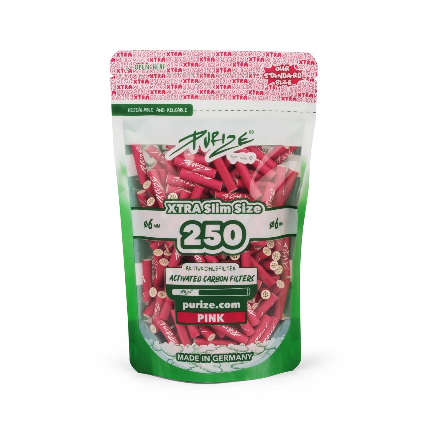 Purize - Xtra Slim Size 6mm Aktivkohlefilter - Pink, 250 Stück