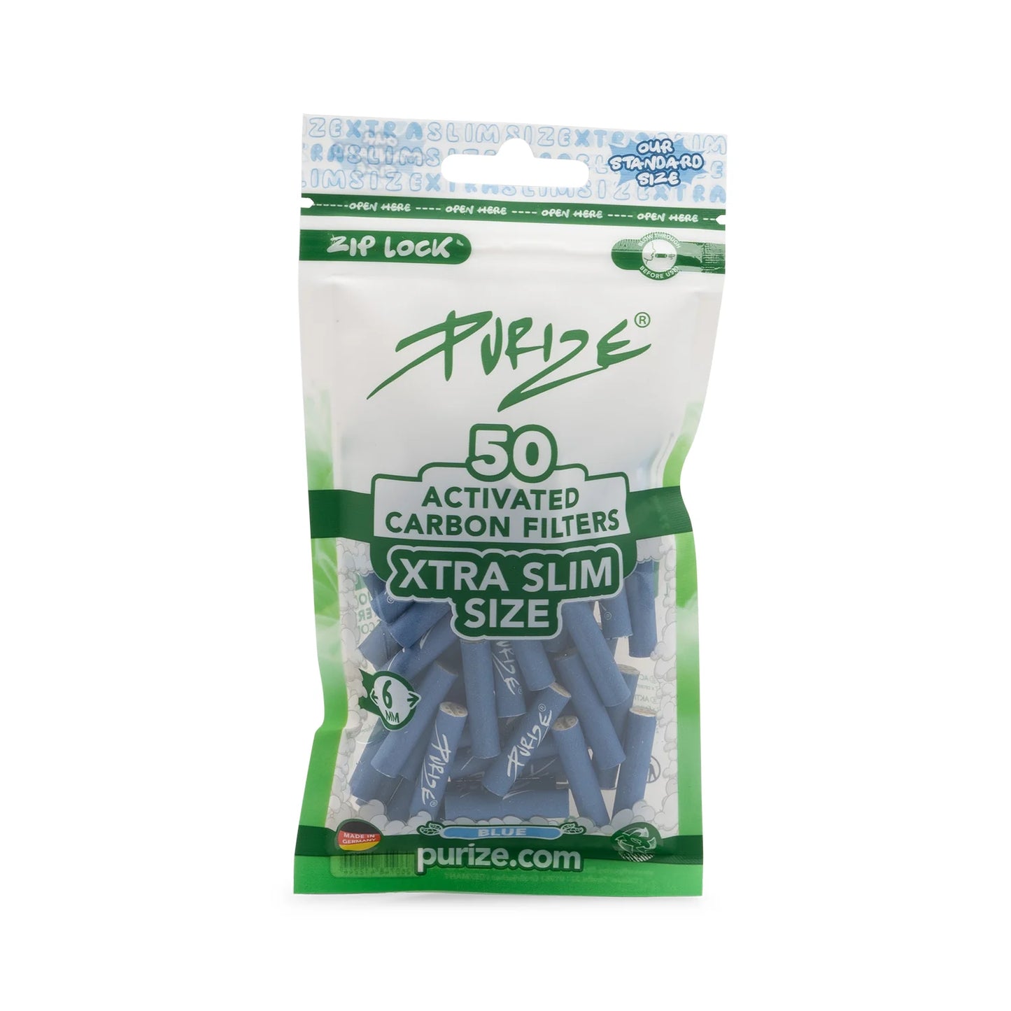 Purize - Xtra Slim Size 6mm Aktivkohlefilter - Blau, 50 Stück