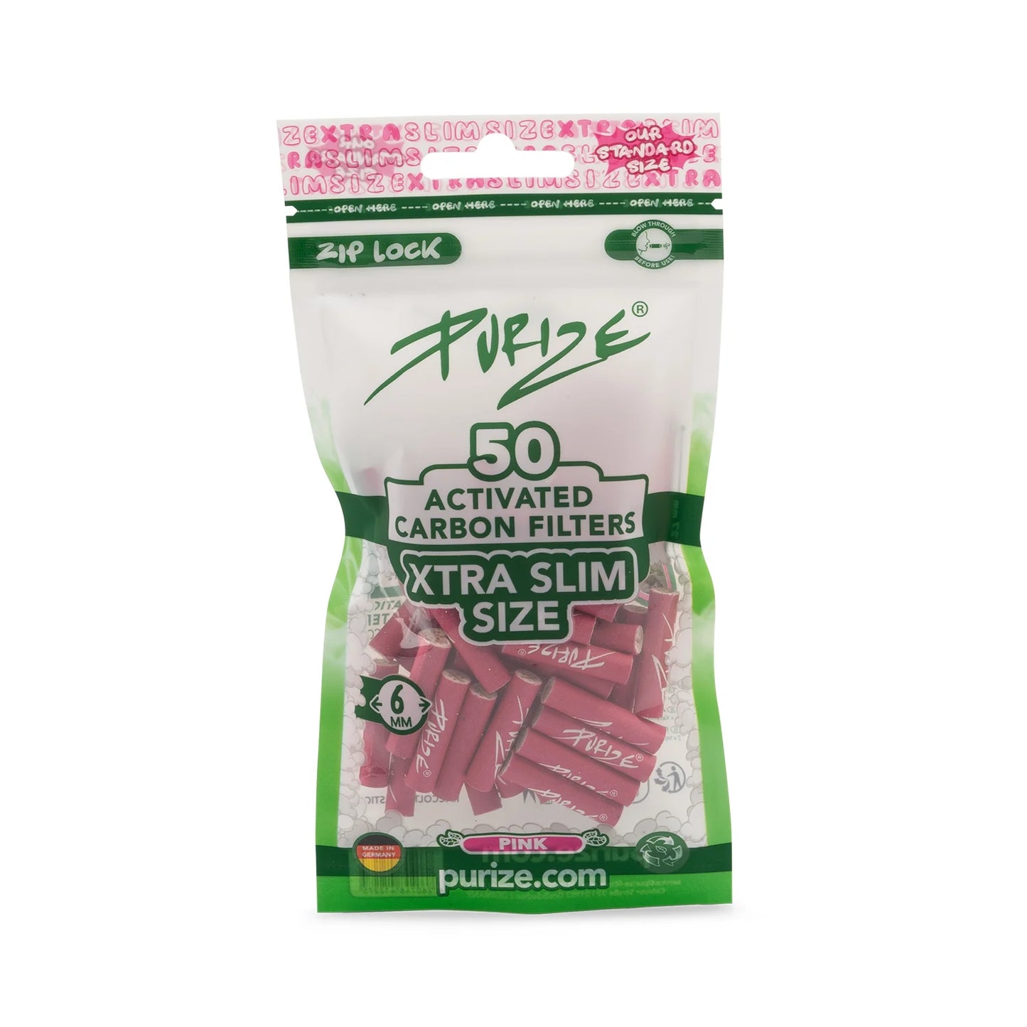 Purize - Xtra Slim Size 6mm Aktivkohlefilter - Pink, 50 Stück