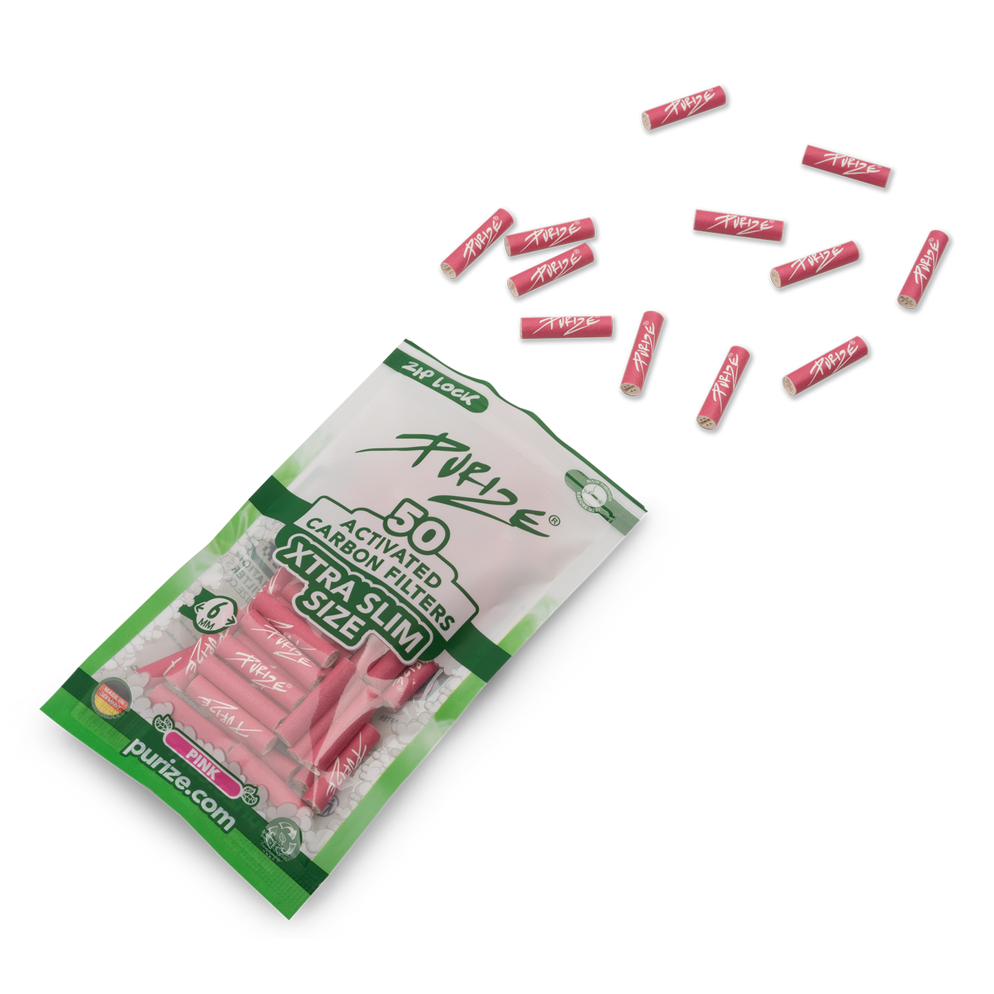 Purize - Xtra Slim Size 6mm Aktivkohlefilter - Pink, 50 Stück