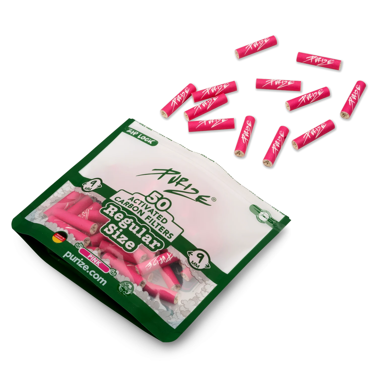 Purize - Regular Size 9mm Aktivkohlefilter - Pink, 50 Stück