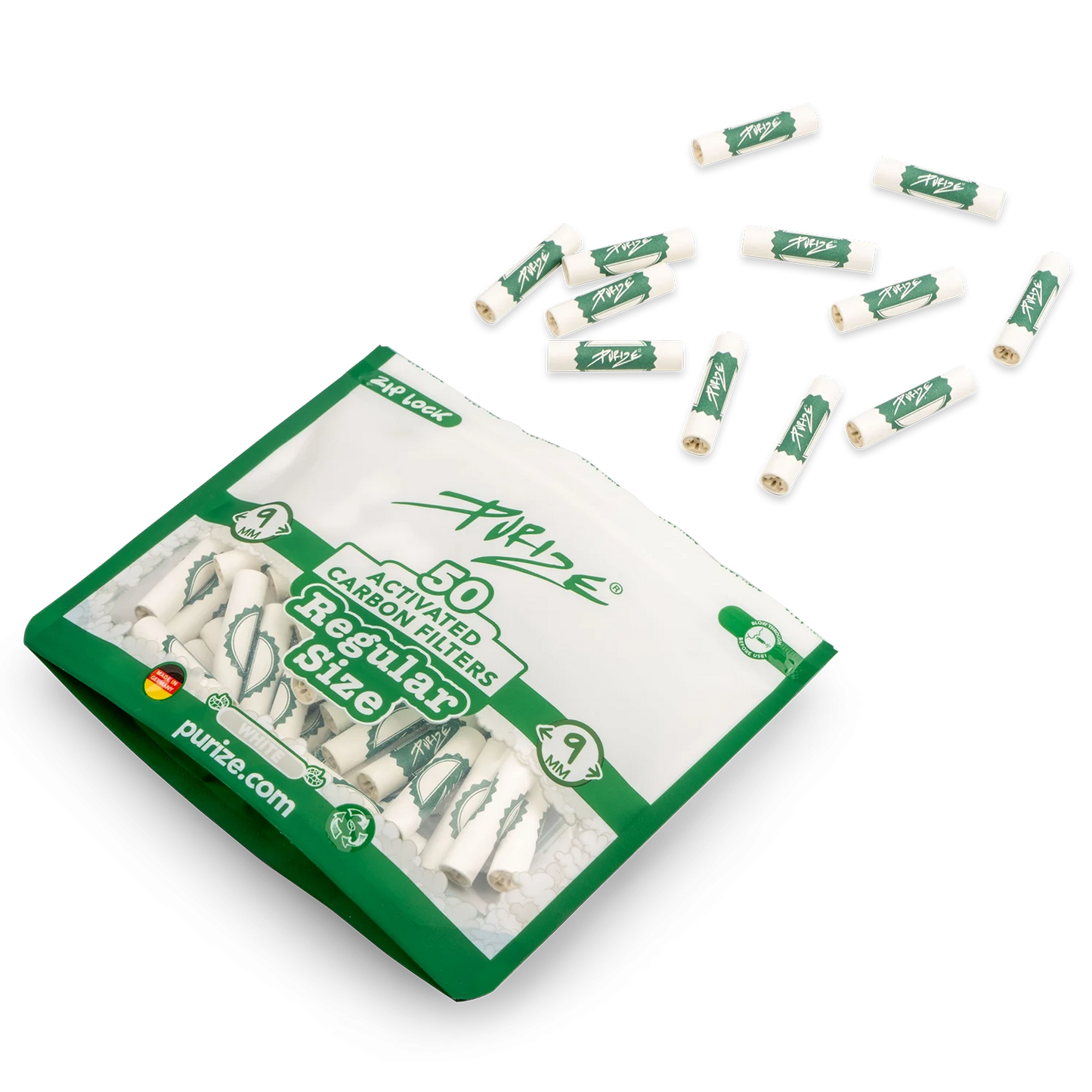 Purize - Regular Size 9mm Aktivkohlefilter - Weiß, 50 Stück